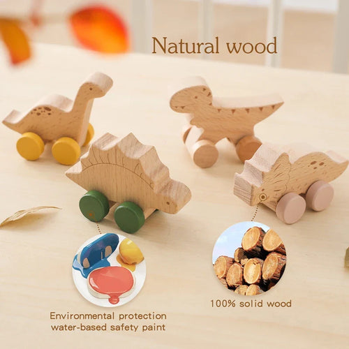 1 pc Beech Wood Montessori Toy Dinosaur with wheels multivariant-1
